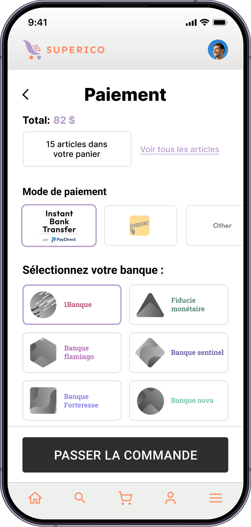 Téléphone affichant la sélection du virement bancaire instantané comme moyen de paiement