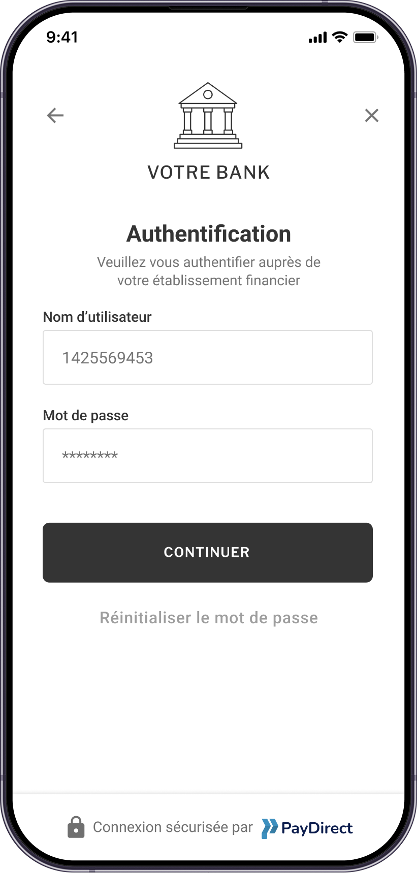 Téléphone affichant l'écran de connexion à la banque